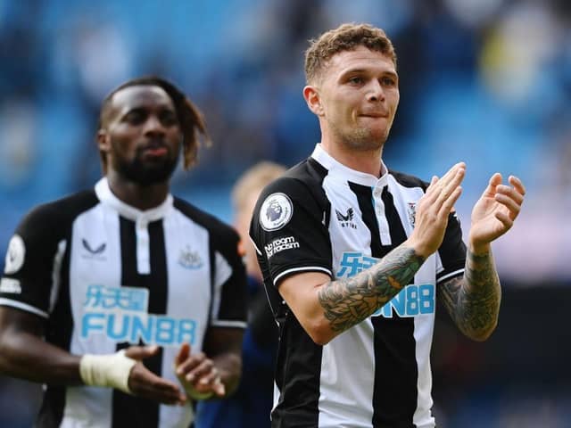 Kieran Trippier of Newcastle United applauds their fans after the final whistle of the Premier League match between Manchester City and Newcastle United at Etihad Stadium on May 08, 2022 in Manchester, England. (Photo by Stu Forster/Getty Images)