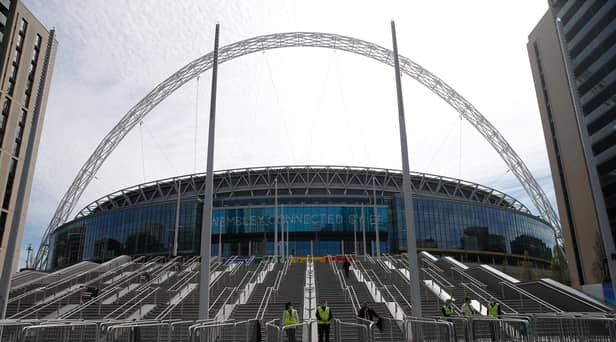 LONDON, ENGLAND - APRIL 18: General view of the new steps at Wembley Stadium on April 18, 2021 in London, England. 4000 local residents have been permitted to attend the match as part of the government's Events Research Programme, which will study how to safely hold major events once coronavirus lockdown measures are lifted. (Photo by Hollie Adams/Getty Images)