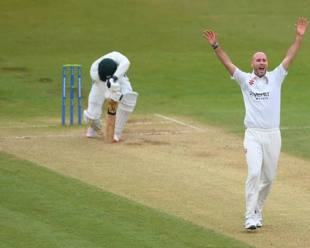 Departing Durham bowler Chris Rushworth celebrates taking the wicket of Worcestershire batsman Ben Cox at Chester-le-Street last year.