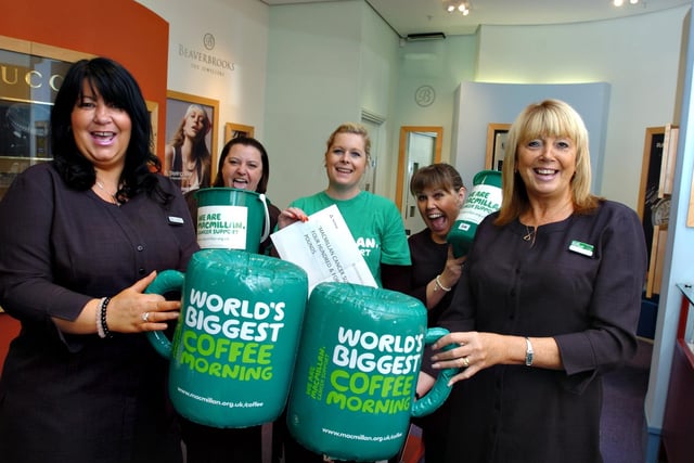 Staff at Beaverbrooks in the Bridges have every reason to feel proud in 2011. They gave outstanding support to the World's Biggest Coffee Morning. Pictured with Fund Raising Manager Sarah Goldie, centre, were left to right; Claire Donoghue, Leighanne Edminson, Lynn Scorer and Yvonne Younghusband.
