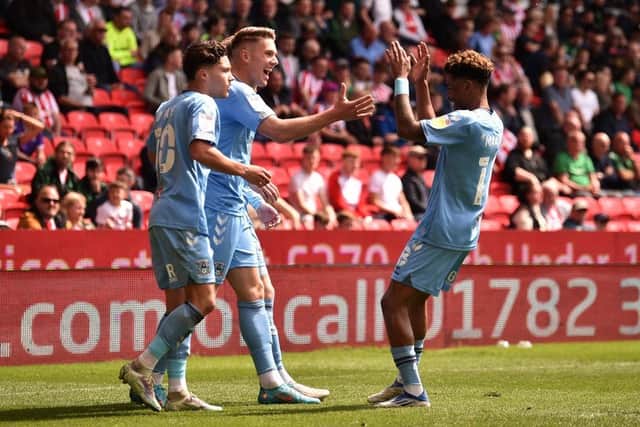 Viktor Gyokeres celebrates after scoring for Coventry City . (Photo by Nathan Stirk/Getty Images)