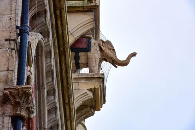 One of the elephants adorning the building