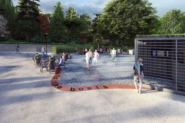 Artists impression of how the new cafe and amphitheatre at Roker Park could look. Final scheme may differ on delivery