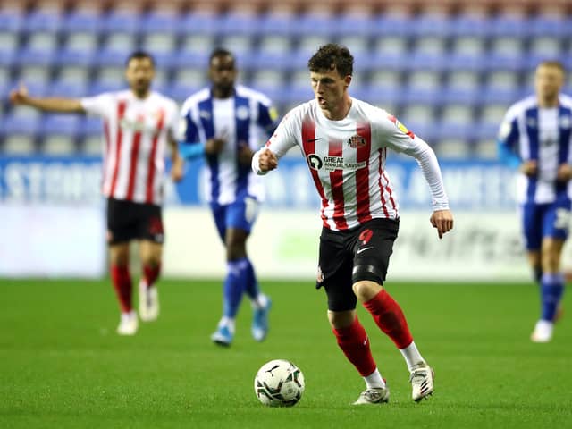 Nathan Broadhead of Sunderland controls the ball during the Carabao Cup match against Wigan Athletic.