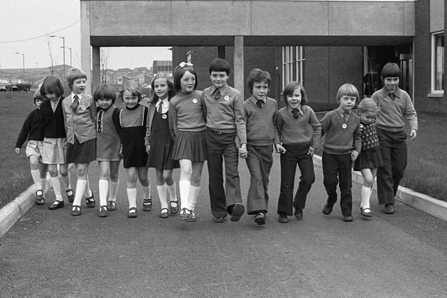Children from the Roundabout Club who took part in a sponsored walk around Barnes Park in 1976.