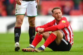 SUNDERLAND, ENGLAND - MAY 22: Sunderland player Aiden McGeady reacts dejectedly after the Sky Bet League One Play-off Semi Final 2nd Leg match between Sunderland and Lincoln City  at Stadium of Light on May 22, 2021 in Sunderland, England. (Photo by Stu Forster/Getty Images)