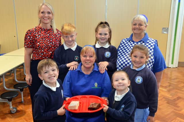 West Boldon Primary School cook Elaine Alexander has retired after 30 years working in school kitchens across South Tyneside. 
She is pictured with headteacher Linsey Garr, kitcken staff Arlene Jackman and pupils.