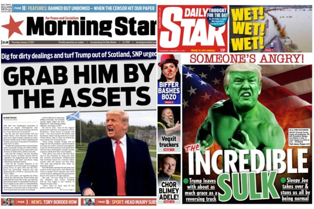 The Morning Star and Daily Star both focused on former President Donald Trump, who has been accused childishness for refusing to attend the inauguration.