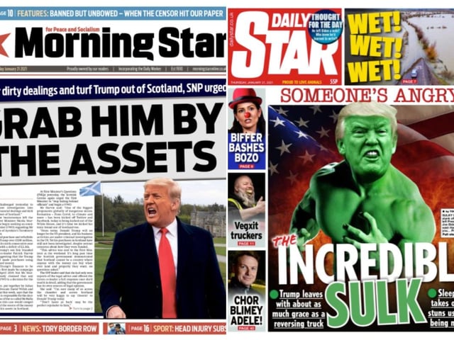 The Morning Star and Daily Star both focused on former President Donald Trump, who has been accused childishness for refusing to attend the inauguration.
