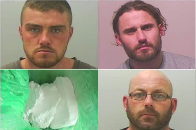 From top left: Ryan Crake, Darren McBride and Kriss Bunker with some of the drugs seized in the operation.