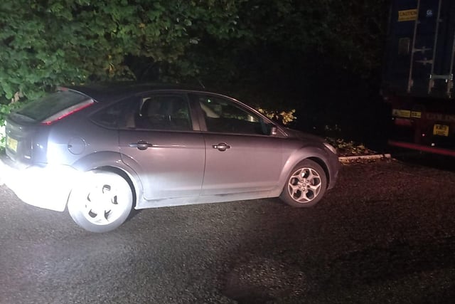 The owner of this Ford Focus was seen "snooping" around the HGV carpark  at M1 Tibshelf Services. Police tweeted: "Ran off before we arrive but left their car behind. Off to the crusher."