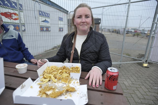 Rachel Groombridge, 34, taking a break from eating her fish and chips. 

Picture by FRANK REID