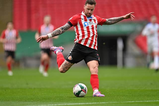 Chris Maguire of Sunderland shoots during the Papa John's Trophy Final match between Sunderland and Tranmere Rovers.