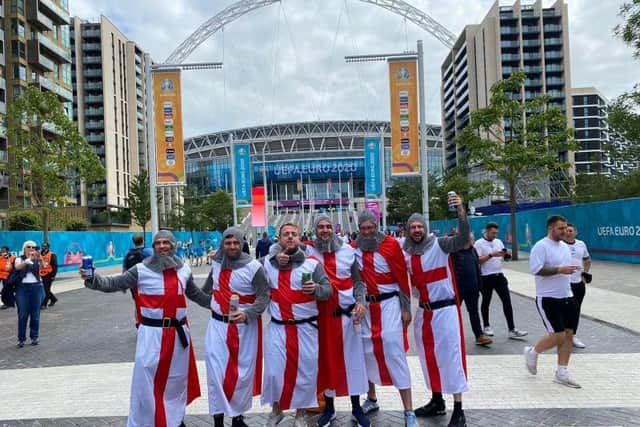 From left to right, Kevin Robinson, Andrew Johnson, Liam Carr, Lee Topping, Ian Turnbull and Craig Bell outside Wembley on Wednesday.