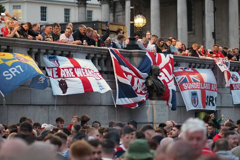 Sunderland fans at Trafalgar Square before the 2022 League One play-off final against Wycombe Wanderers at Wembley Stadium.