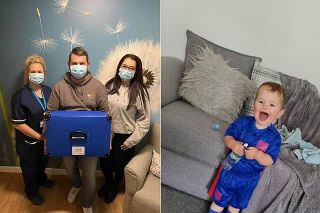 Amber and Gavin Langley, left, donating a cuddle blanket to Sunderland Royal Hospital. Right, their baby boy Travis Langley. Picture: Amber Langley.