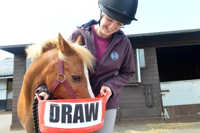 Yellow the psychic pony predicts a draw for the first England game in Euro 2020 result with horse rider Georgia Shaw.