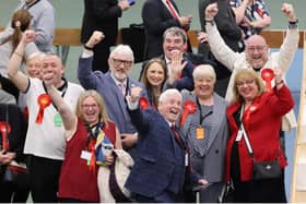 Labour supporters celebrating on the count floor after Alison Smith (grey suit, red rosette and orange tag) won the Redhill seat in Sunderland, pictured along with Labour MP Sharon Hodgson (red suit jacket). North News and Pictures.