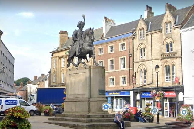The modest 16ft statue of the 3rd Marquess of Londonderry stands in the centre of Dirham. Google image.