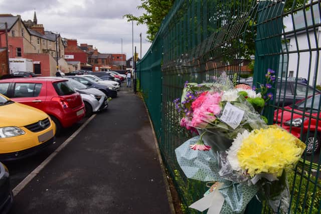 Floral tributes in the Gainford Street area of York Road, Hartlepool, following Mark Davison's death.
