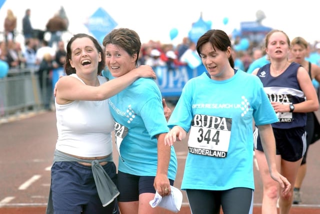 Joy and hugs at the end of the Bupa Great Women's Run in Sunderland in 2007.