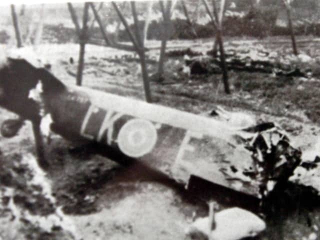 The wreck of Cyril Barton's plane in 1944.