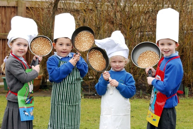 Daisy Laws, Leon Hill, Jade walton and Niall Sykes were having fun at Newbottle Primary School as they got ready for Pancake Day in 2006.