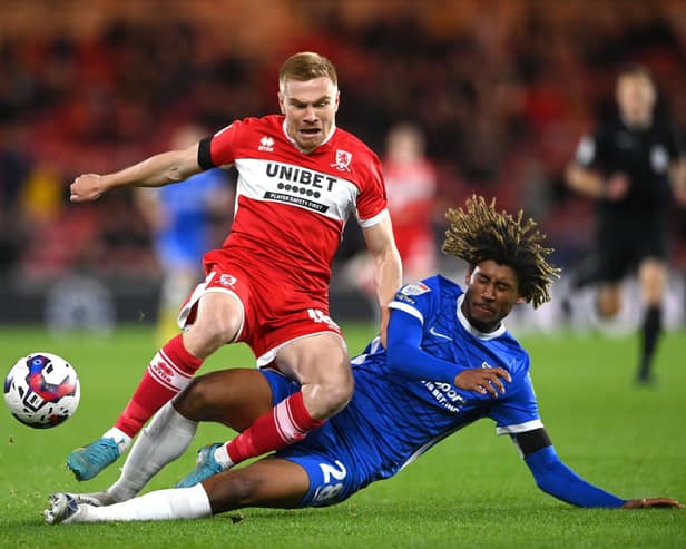 MIDDLESBROUGH, ENGLAND - OCTOBER 05: Birmingham player Dion Sanderson challenges Middlesbrough player Duncan Watmore during the Sky Bet Championship between Middlesbrough and Birmingham City at Riverside Stadium on October 05, 2022 in Middlesbrough, England. (Photo by Stu Forster/Getty Images)