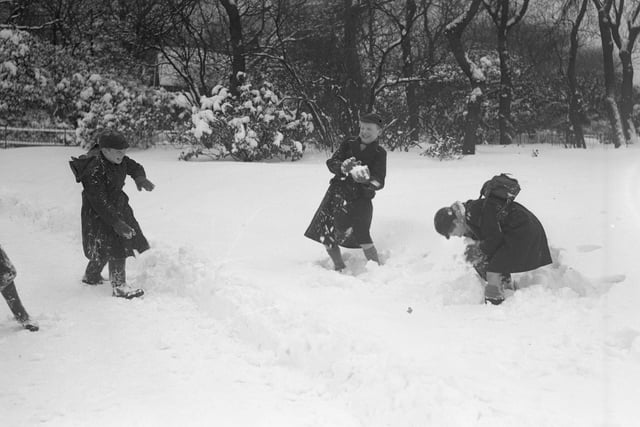 Snowball fights in Backhouse Park in January 1954.