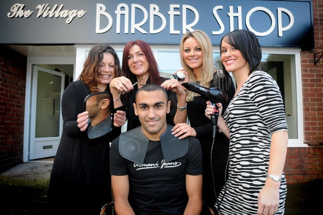 The official opening of The Village Barber Shop with Sunderland AFC player Ahmed Elmohamady on hand to help out. Also pictured were Thahba Al-Sayyadi, Margaret Mackie (owner), Lowis Harding and Cara Ward.