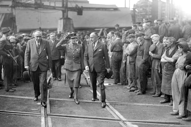 Mary, Princess Royal and Countess of Harewood, controller commandant of the ATS (Auxiliary Territorial Service), at the launch of Greenwich at Doxford shipyard in 1943. Photograph from the Sunderland Echo archives.