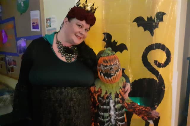 Reece Laverick, 9, dressed as a pumpkin, with mum, Linsey Laverick, 38, dressed as the Evil Queen.