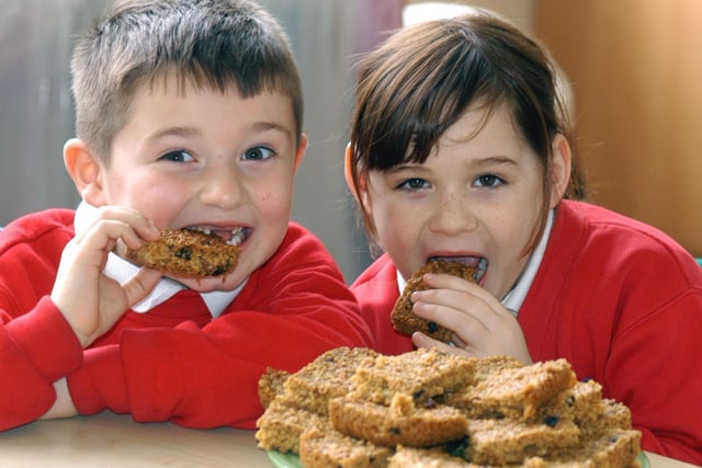 Riley Patterson and Natasha Loughlin tried out the flapjacks which were baked by pupils at Camden Square Infants School in Seaham for Comic Relief in 2007.