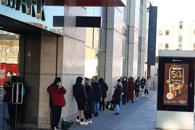 Shoppers queued outside Primark ahead of it reopening on April 12. The store has been closed for several months due to lockdown restrictions.