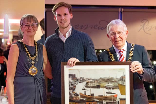 Sunderland Mayoress Cllr Dorothy Trueman and Mayor Cllr Harry Trueman present Kyril Louis-Dreyfus with a print of an LS Lowry painting at the Stadium of Light. Picture by Michael Oliver.