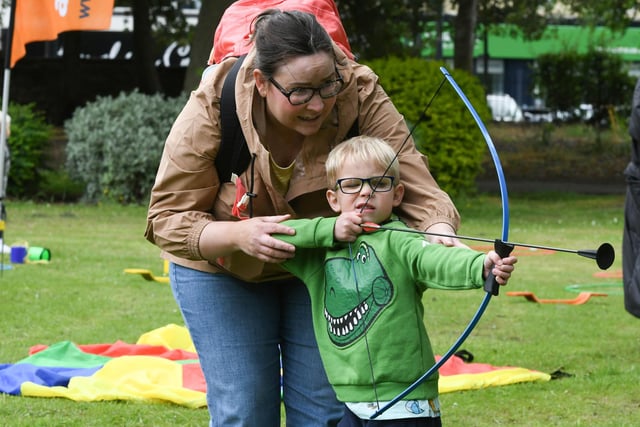 Louisa Mills and her son Oliver, 5, of South Shields trying the archery.