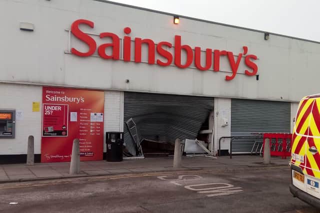Damage to the front of Sainsbury's in Station Road.