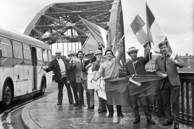 Italian fans pictured on Wearmouth Bridge in Sunderland, ahead of a game at Roker Park in 1966.