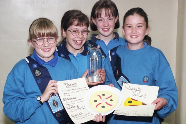 Four Girl Guides from the 16th Sunderland St Gabriel's pack won a competition to create a healthy options menu, advertise it and make it. Here are, left to right:  Caroline Vickers, Carly Gorman, Susannah Thorpe and Kathryn Thompson in 1997.