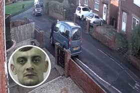 CCTV captured the moment delivery driver bravely tries to stop thieves. Inset: Anthony Newall was sentenced to five years and four months behind bars
