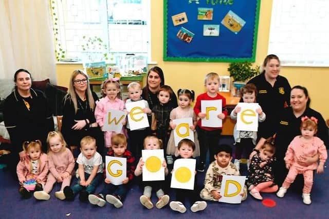 Staff and children at Boldon Community Centre Sunshine Playgroup celebrate their good Ofsted report.