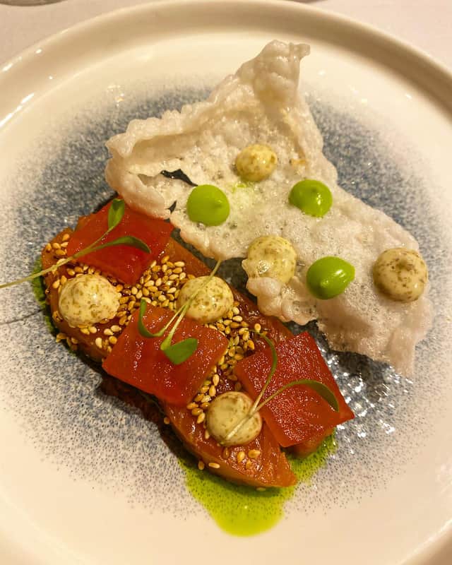 Course 3: a citrus cured Chalk Stream trout with pickled watermelon, toasted sesame and tapioca crisp
