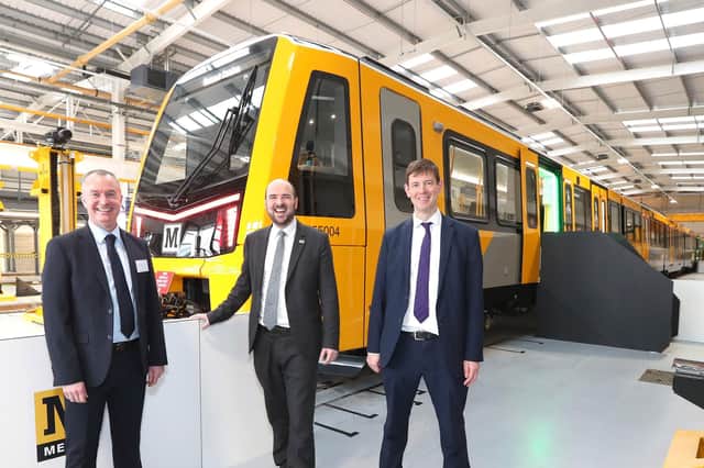 (from left) Nexus managing director Martin Kearney, transport minister Richard Holden and Transport North East managing director Tobyn Hughes