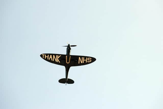 Thank U NHS message on the blue Spitfire as it passed over Sunderland Royal Hospital. Photo Stuart Norton.