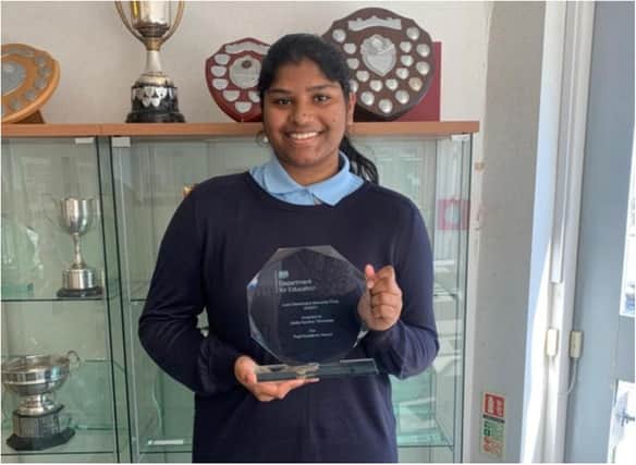 Josita Kavitha Thirumalai, who attends St Anthony’s Girls’ Catholic Academy and their mixed sixth form with St Aidan’s Catholic Academy was nominated for the 2021 Lord Glenamara Prize by her classmates and teachers.