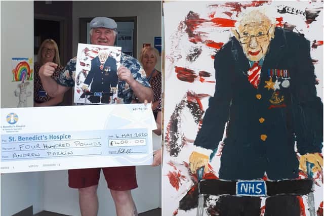 Inspired by Captain Tom’s incredible efforts raising millions for the NHS, which saw him promoted to Colonel while becoming a symbol of Britain’s fighting spirit, artist Andy Parkin created a painting of the 100-year-old which was shared tens of thousands of times on social media.