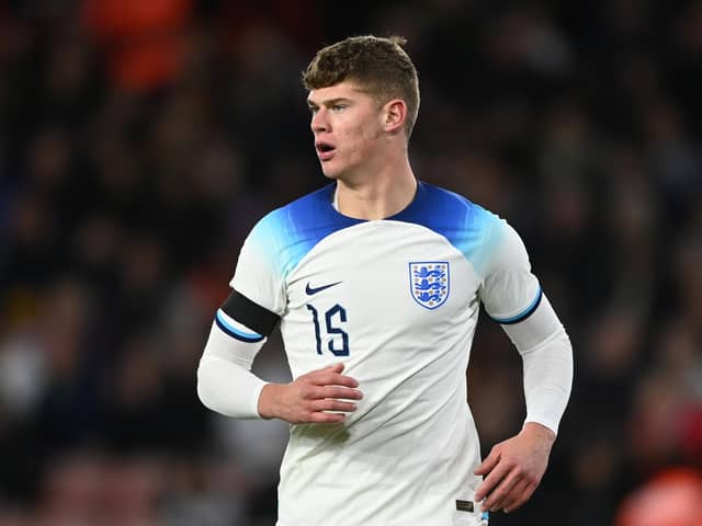 SHEFFIELD, ENGLAND - SEPTEMBER 27: Charlie Cresswell
of England during the International Friendly between England U21 and Germany U21 at Bramall Lane on September 27, 2022 in Sheffield, England. (Photo by Gareth Copley/Getty Images)