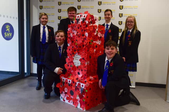 Pupils at Sandhill View Academy, who created a cenotaph made from poppy designs. (left to right) Amelia Stockdale, Alfie Stephen, Connor Henderson, Isabelle Stott, Liam Craggs and Harvey Surtees.