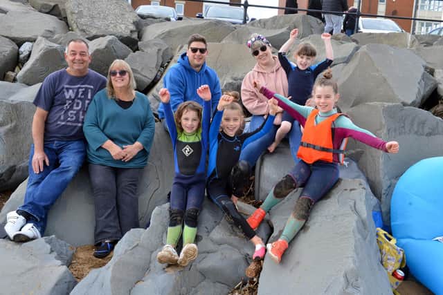 Bank holiday fun at Roker Beach! Parents Lee and Jane Ali with grandparents Sue and Gary Martin, and children Grace Ali, five, Isobel Ali, eight, Eleanor Martin, nine, and Cora Martin, seven.