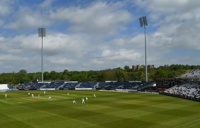 CHESTER-LE-STREET, ENGLAND - MAY 27: A general view of the ground as Spectators are let in for the first time at the Riverside this season during day one of the LV= Insurance County Championship match between Durham and Essex at Emirates Riverside on May 27, 2021 in Chester-le-Street, England. (Photo by Stu Forster/Getty Images)